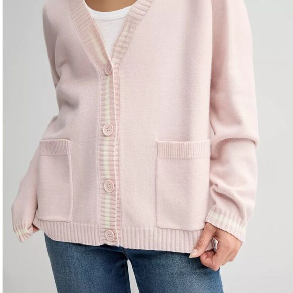 Pink Republic M Ivory Tan Stripe Trim Knit Button V-Neck Cardigan with Pockets - Picture 3 of 16